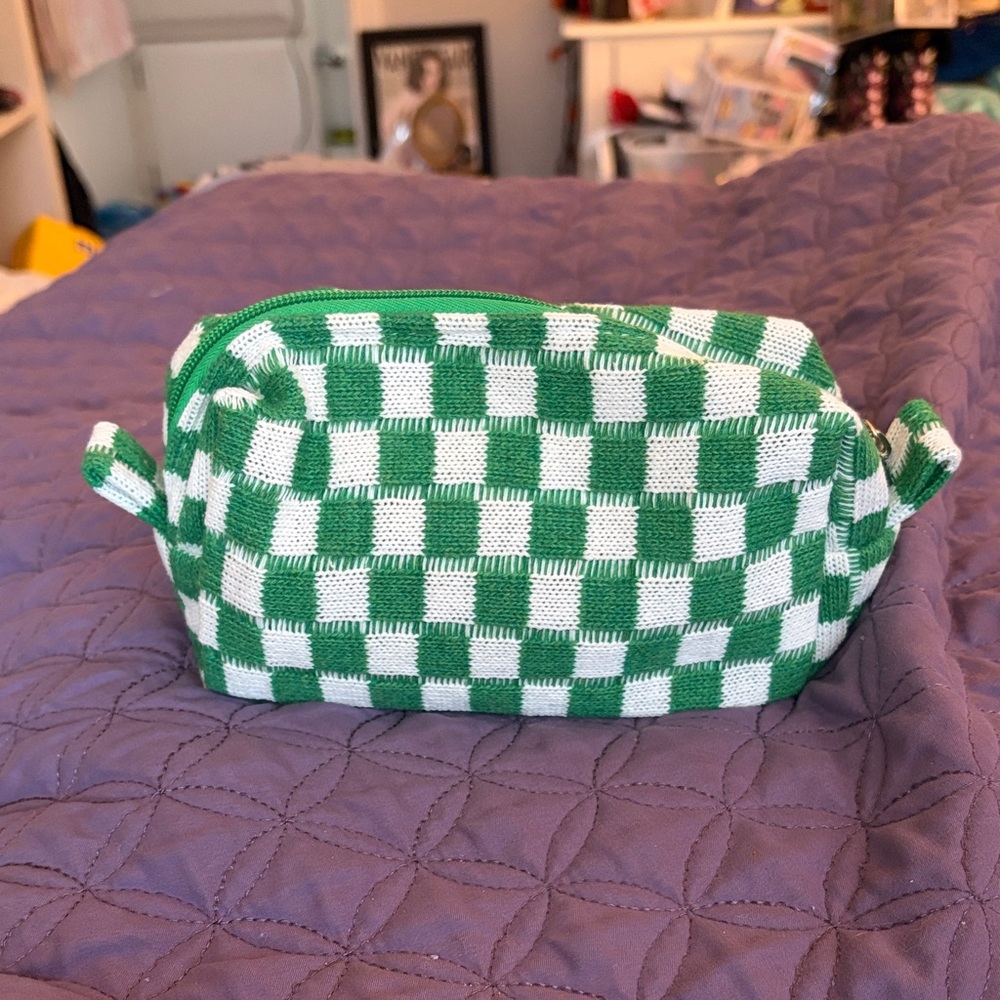 Small Green and White Checkered Knit Dopp Kit